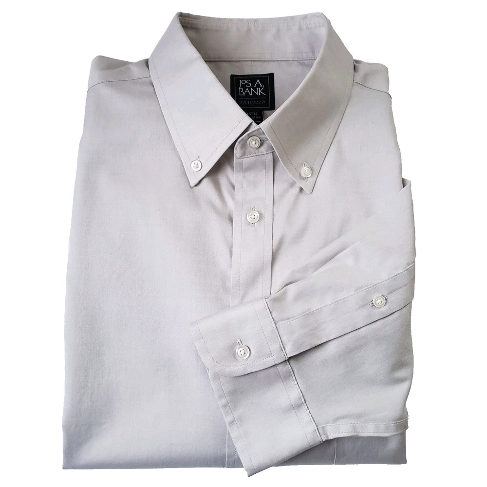 Jos A Bank Travelers Dress Shirt Mens 17.5/33 Gray Long Slv Pocket Button Down
